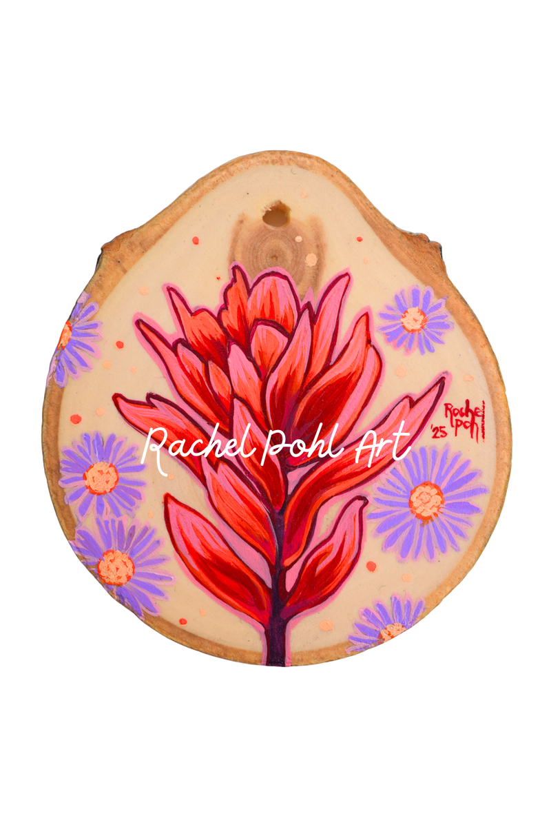 Red Paintbrush + Asters // Original Ornament 2025 – Rachel Pohl Art